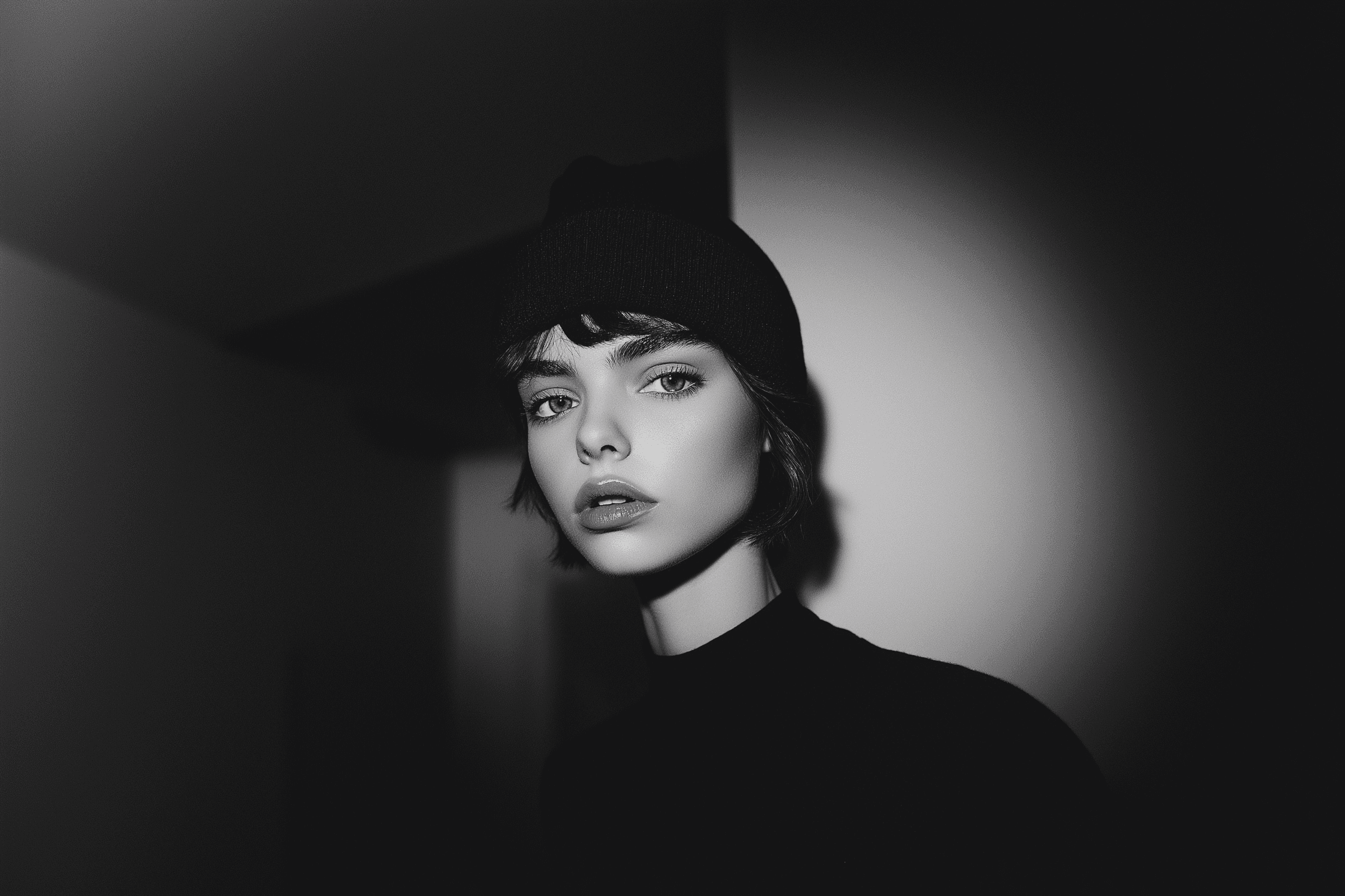 Dynamic black and whitte potrait of a woman